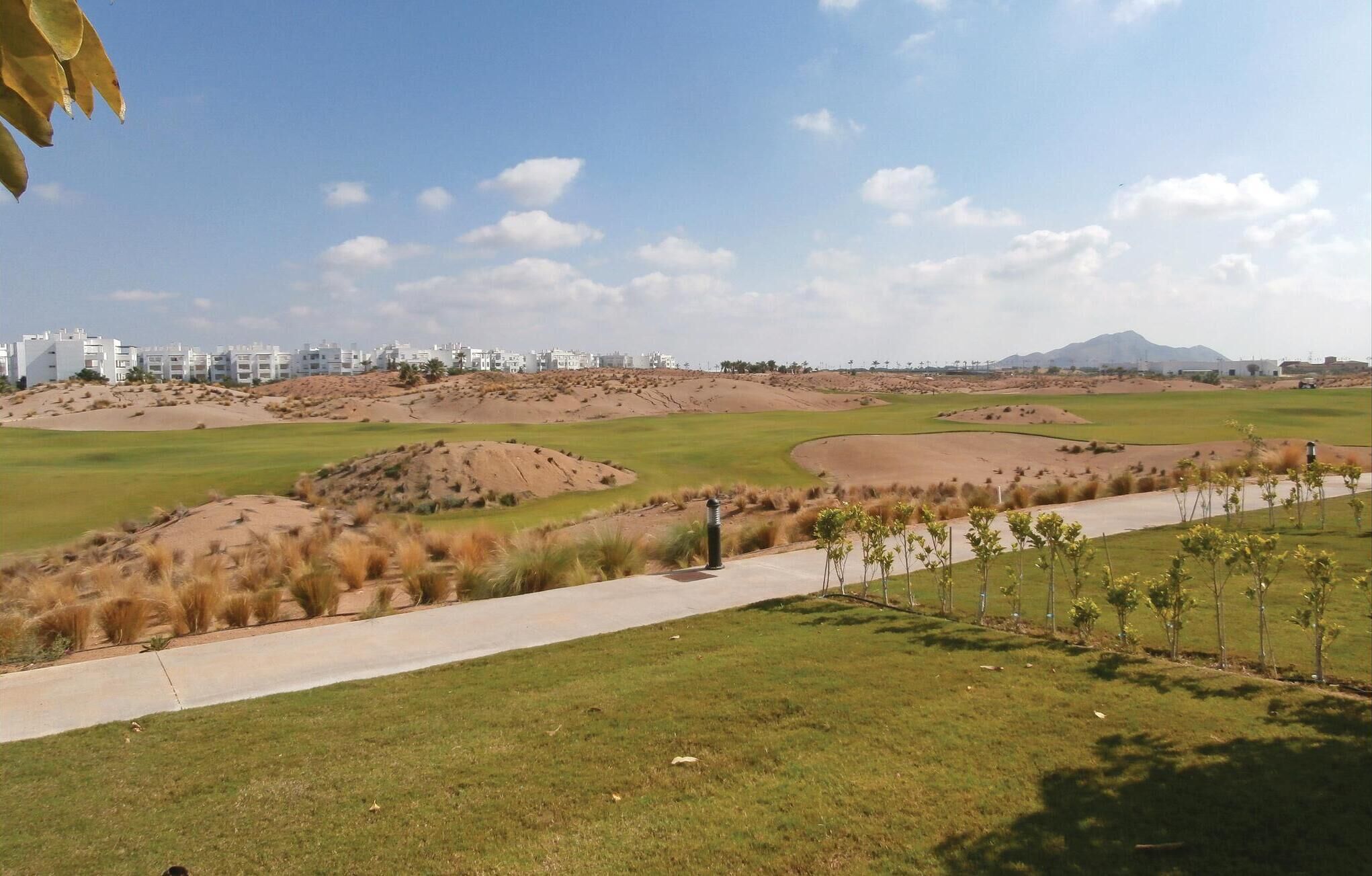 Ein Golfplatz mit Sandbunkern, einem Fußweg und einer Stadtkulisse im Hintergrund.