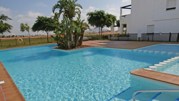 A swimming pool with clear blue water, surrounded by a tiled deck and palm trees. - Amazing apartment in Roldán with swimming pool (Roldán)