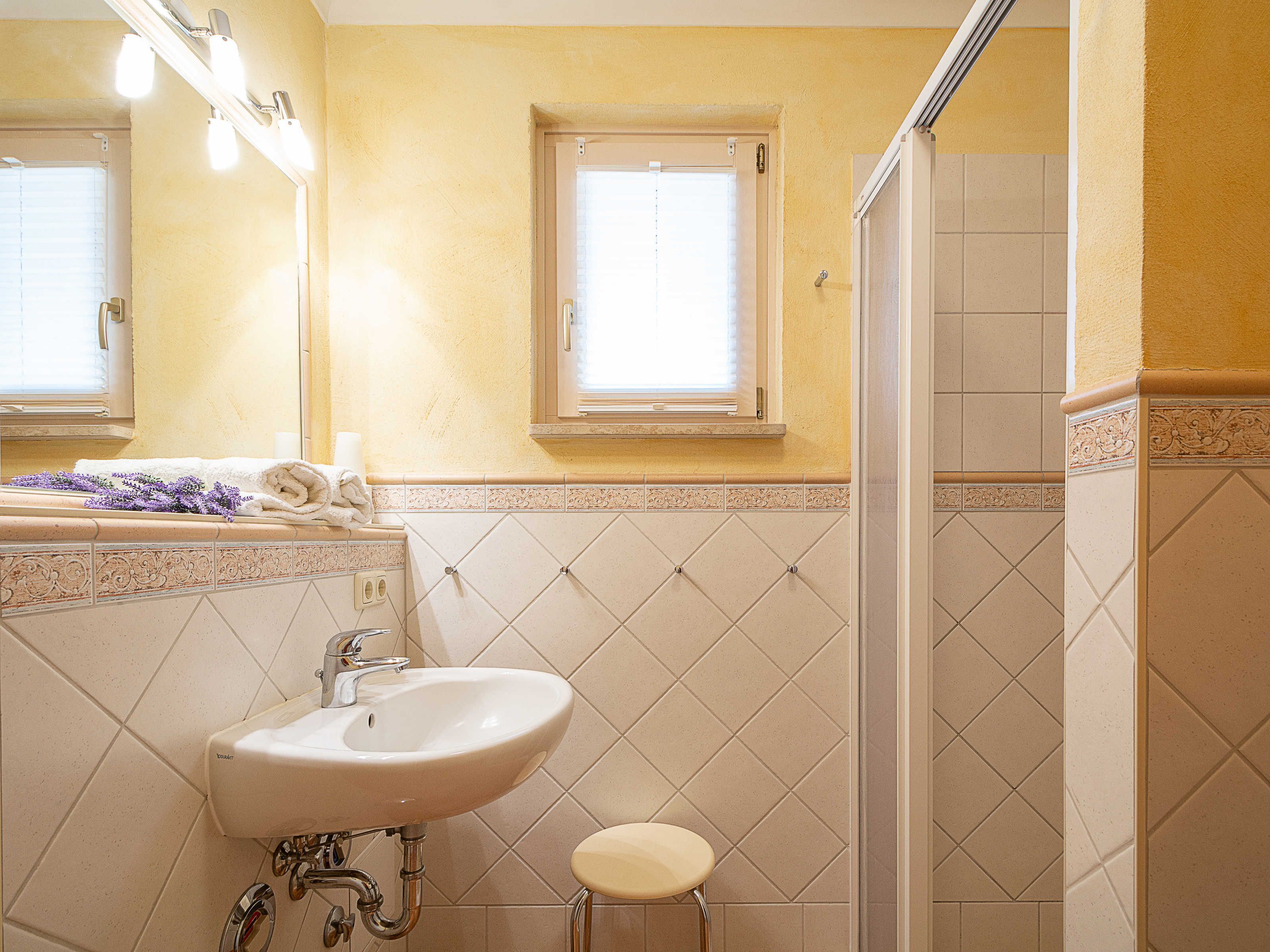 A bathroom with a sink, mirror, window, and shower.