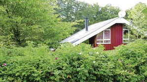 A small red wooden house with a sloped roof and a chimney, surrounded by dense green foliage.