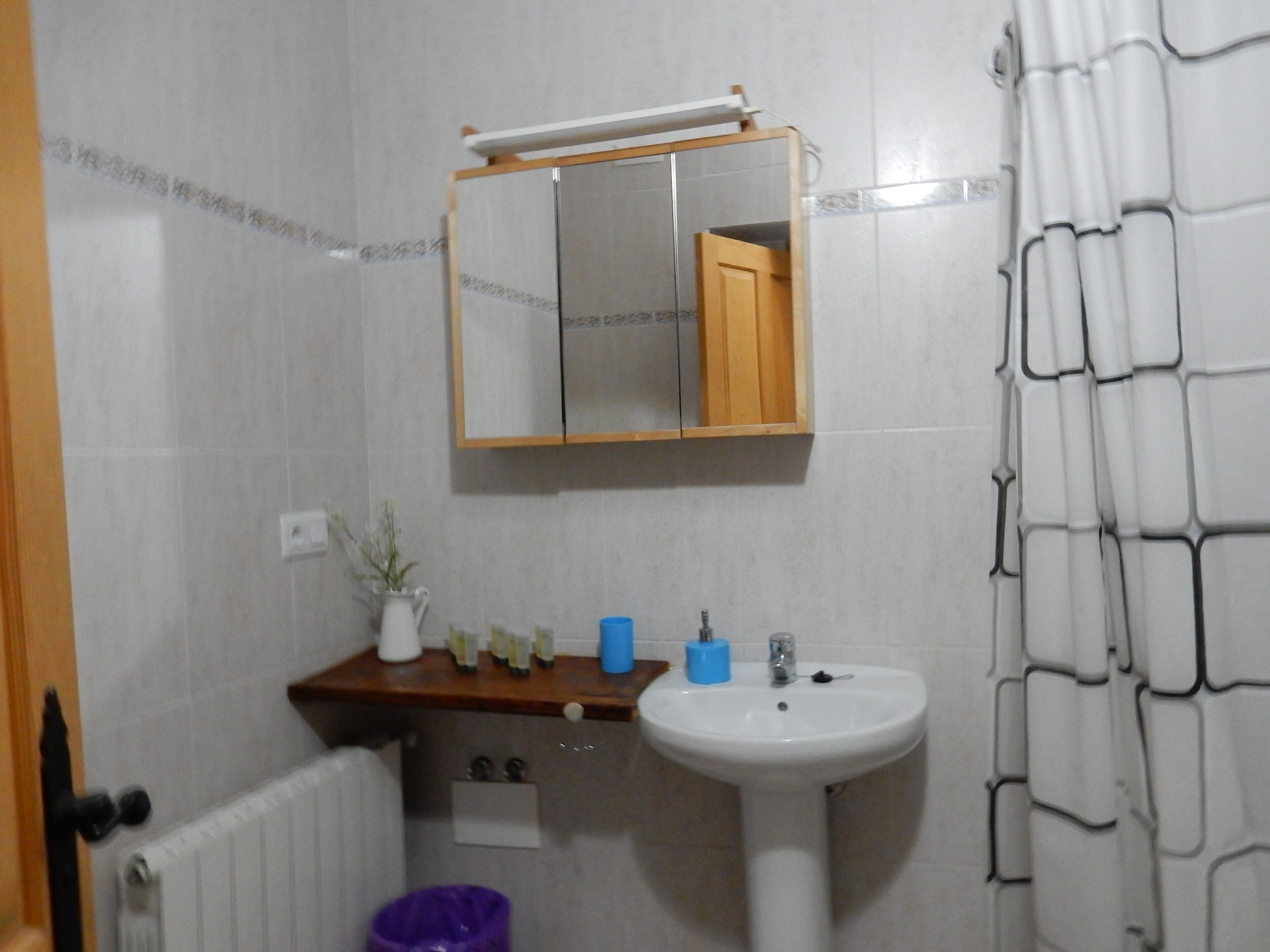 Een badkamer met een wit wastafel, een spiegel, een houten plank met toiletartikelen en een paarse prullenbak.