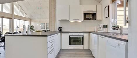 Fridge, stovetop, dishwasher, coffee/tea maker