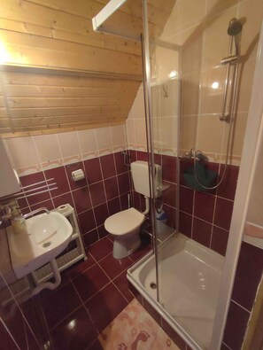 Ein Badezimmer mit Dusche, Toilette, Waschbecken und Holzboden.