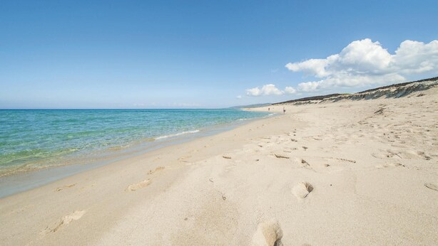 A wide sandy beach with footprints leading to the water, a clear sky, and distant dunes. - 2 bedroom awesome home in Badesi OT (Badesi OT)