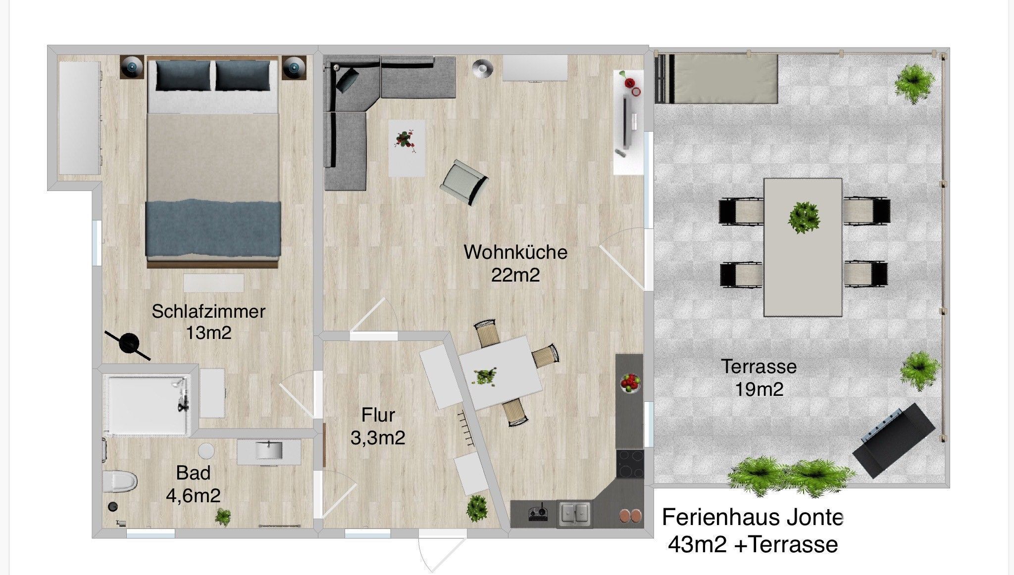 A floor plan of a maisonette with a living room, bedroom, bathroom, and terrace.