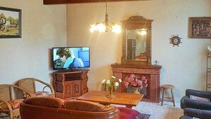 Olohuone, jossa on televisio, takka, rottinkihuonekaluja ja peili.