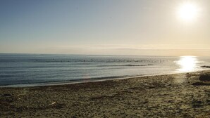 Ein Strand mit klarem Himmel und tiefstehender Sonne am Horizont.