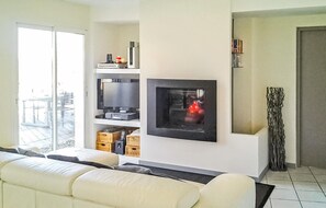 Télévision, cheminée, chaîne hi-fi