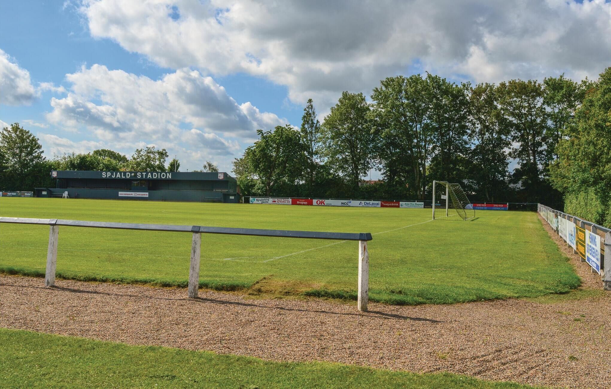 Ein Sportstadion mit einem grünen Spielfeld, einem Tor und einem Zaun.