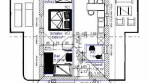 A floor plan of a hotel room with a bathroom, kitchenette, and a living area. - Villa Lara Whg.11, LAKE VIEW, ROOF TERRACE, CHAIR - Villa Lara, NEAR THE BEACH, (Heringsdorf)