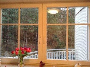 A room with a large window divided into four panes, offering a view of a white deck and surrounding trees.