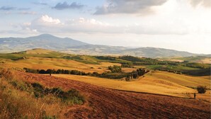 Rolling hills with a distant mountain range and a clear sky. - Cozy apartment in S. Quirico d'Orcia SI (S. Quirico d'Orcia SI)
