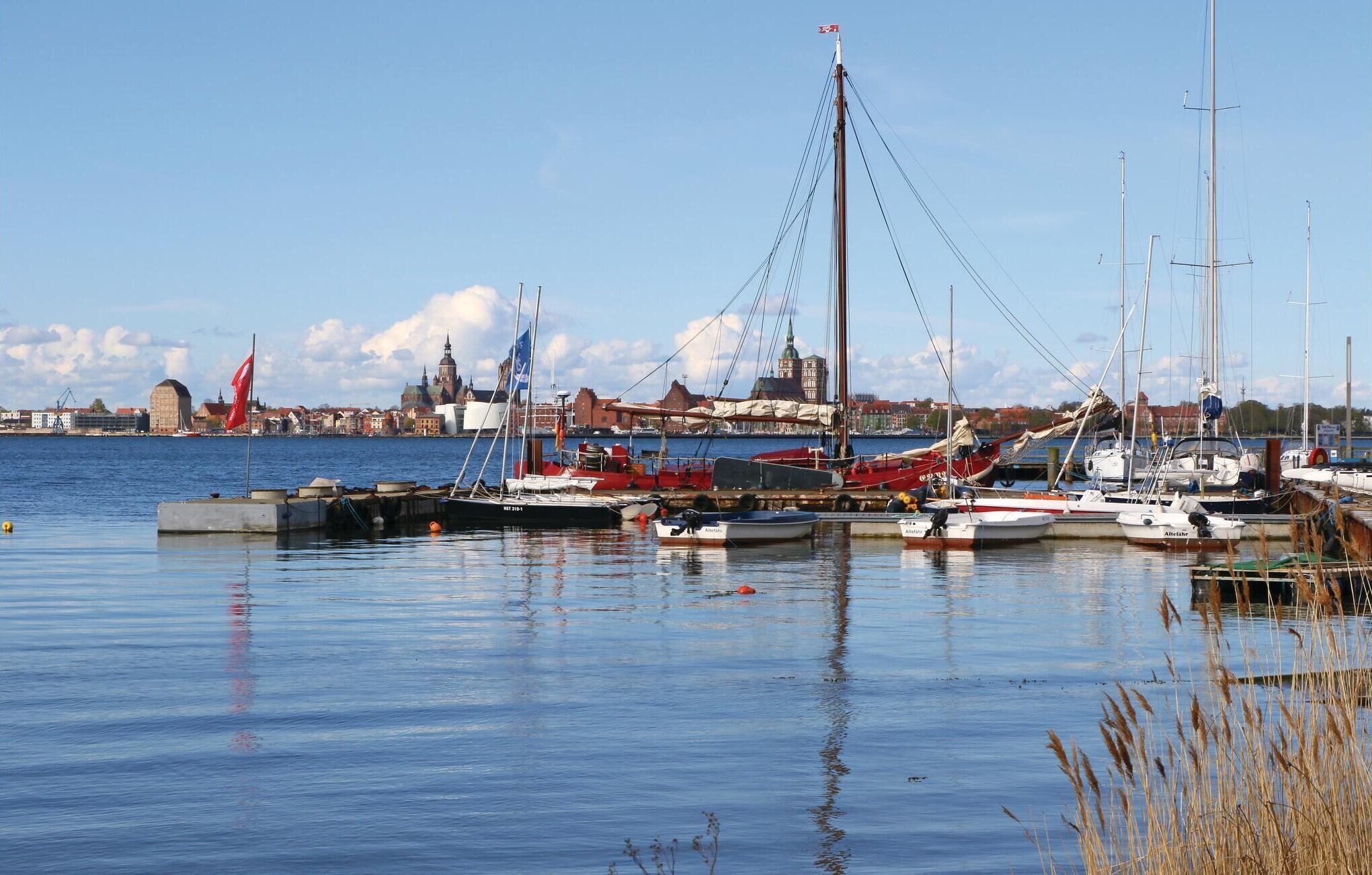 Un puerto deportivo con varias embarcaciones amarradas, un paisaje urbano al fondo y un cielo despejado.