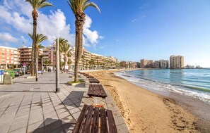 Un paseo marítimo frente a la playa, con bancos, palmeras y vistas al océano y edificios al fondo.