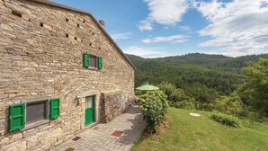 Ein Steinhaus mit gepflasterter Terrasse, grünen Fensterläden und Blick auf einen bewaldeten Hügel.