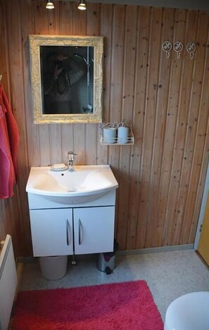 A bathroom with a white sink, a mirror with a gold frame, and a red rug.