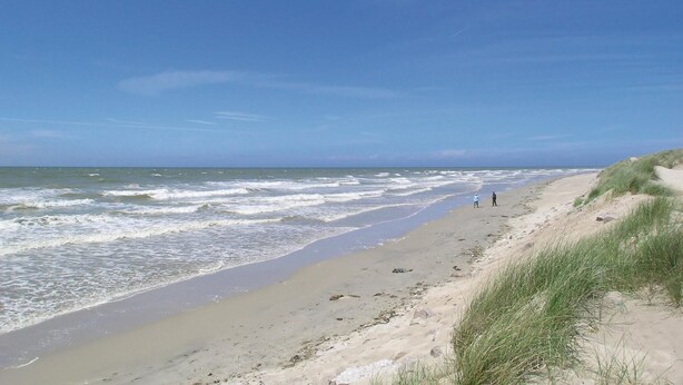 Una playa con olas, cielo despejado y dos personas caminando.