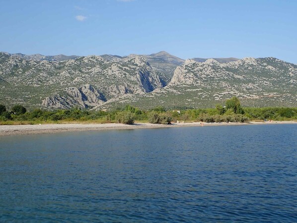 A lake with mountains in the background and a beach with sparse vegetation.