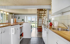 Fridge, stovetop, dishwasher, coffee/tea maker