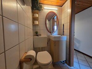 A bathroom with a toilet, sink, mirror, and shelves with toiletries.