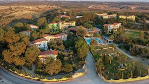 Vue aérienne d’un quartier résidentiel avec des maisons, une piscine et un jardin aménagé.