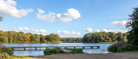 Ein Sandstrand mit einer Anlegestelle, die in einen ruhigen See führt, umgeben von dichtem Baumbestand.