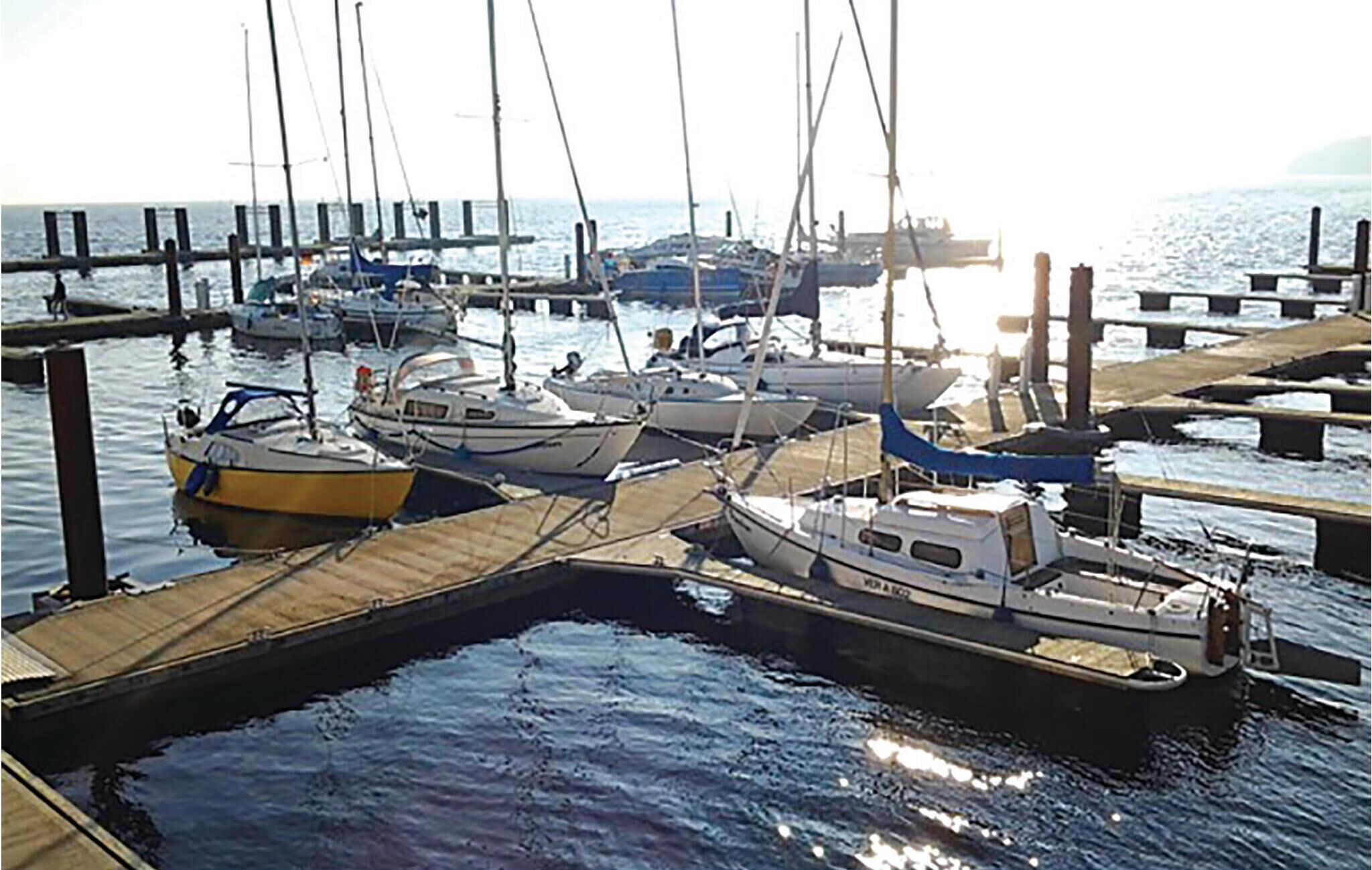 A marina with several boats docked at wooden piers.