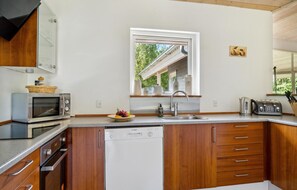 Fridge, stovetop, dishwasher, coffee/tea maker