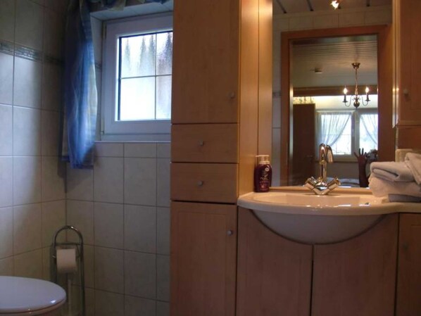 A bathroom with a toilet, sink, and mirror. - Ferienalm, Germany (Ruhpolding)