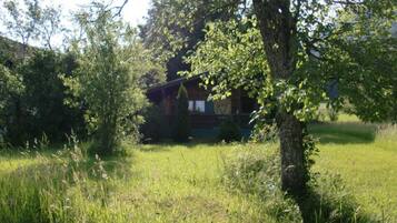 Een huis omgeven door weelderige begroeiing en bomen.