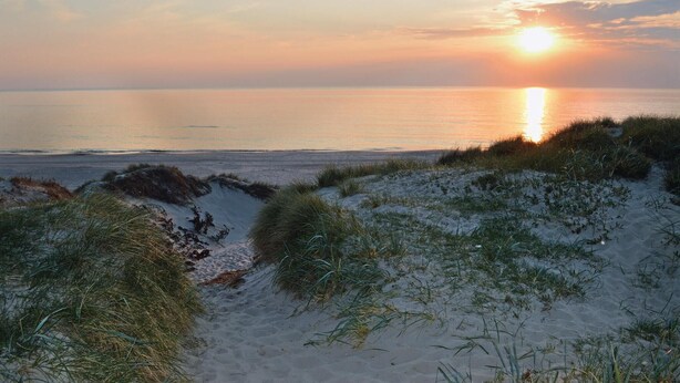 En strand med sanddyner och en solnedgång över havet.