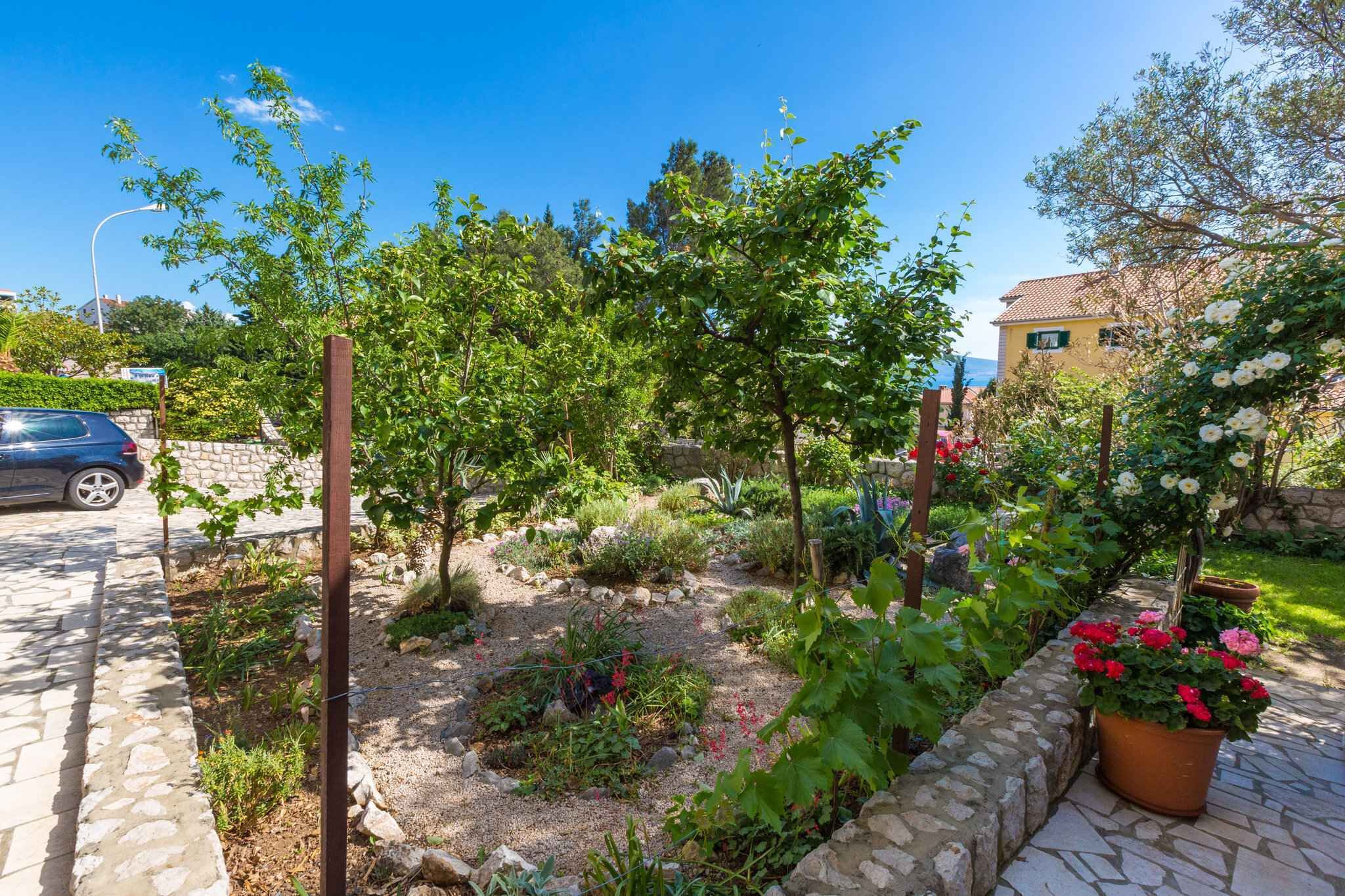 Ein Garten mit einem Kiesweg, verschiedenen Pflanzen und einem abgestellten Auto.
