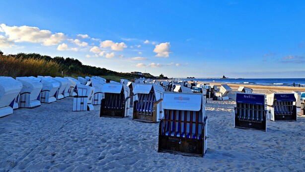 Strandstoelen staan op een zandstrand, met een heldere lucht.