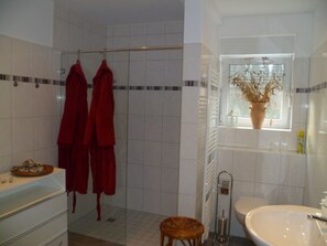 Douche, sèche-cheveux, savon, papier toilette