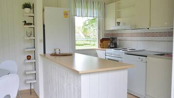 Une cuisine de taille modeste, dotée d’un îlot central, de meubles blancs et offrant une vue sur l’extérieur.