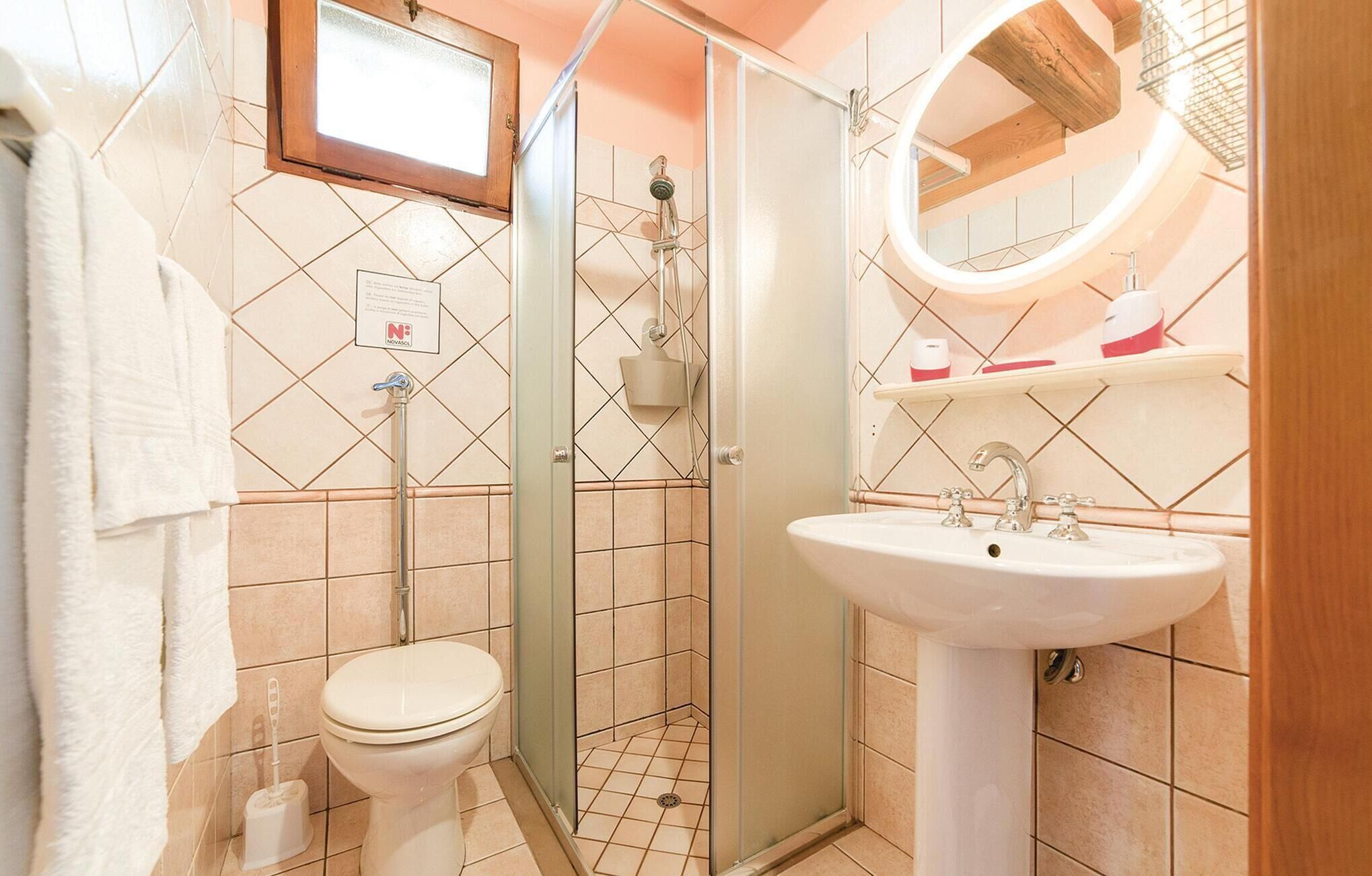 A bathroom with a glass-enclosed shower, a toilet, and a sink with a mirror above it.