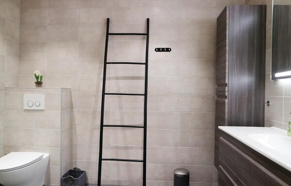 A bathroom with a white toilet, a black ladder, a small potted plant, and a mirror above a dark wood vanity.