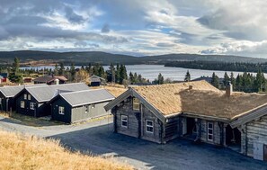 A row of cabins with metal roofs and a large house with a grass roof, surrounded by a lake and forested hills.