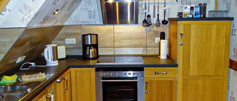 Fridge, microwave, oven, high chair