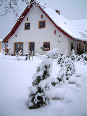 A snow-covered house with a red roof, a front porch, and a snow-covered lawn.