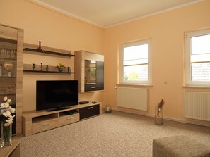 A living room with a TV, wooden shelves, a window, and a radiator. - KR-07 - Karl-Risch-Str. 7 units. Above. (Kühlungsborn)