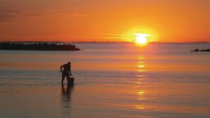 A sunset over a calm body of water with a silhouette of a person standing in the water. - Beautiful apartment in Lido delle Nazioni FE with swimming pool (Lido delle Nazioni FE)
