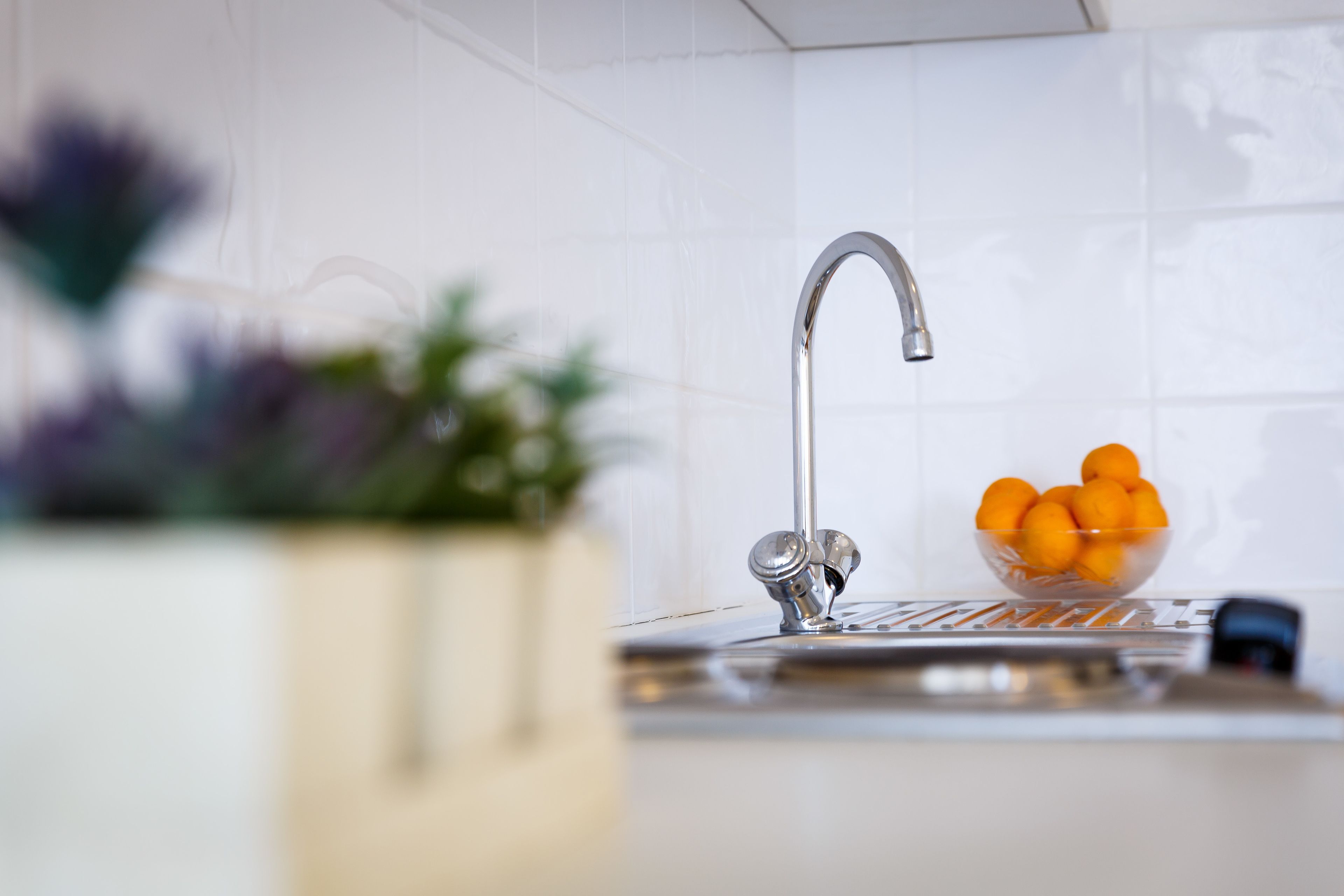 A kitchen sink with a modern faucet, a bowl of oranges, and a potted plant.