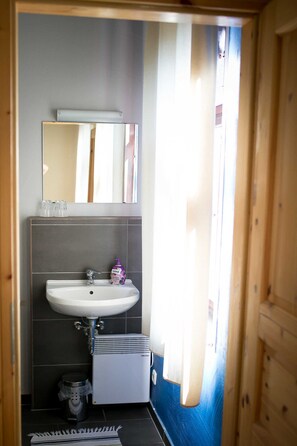 A bathroom with a white sink, a mirror above it, and a window with curtains. - Spring - Room 1 - Forsthaus Leiner Berg (Dessau-Roßlau)