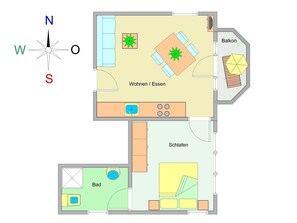 Grundriss eines Hotels mit Balkon, Wohnzimmer, Essbereich, Küche, Bad und kleinem Garten.