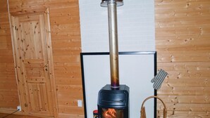 A wood-burning stove in a room with wooden walls and a door.