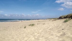 En sandstrand med milda vågor, en klar himmel och gles vegetation.
