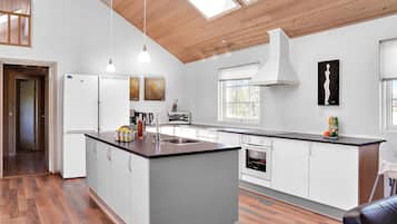 Fridge, stovetop, dishwasher, coffee/tea maker