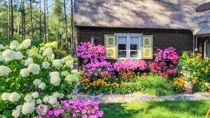 Una casa de madera rústica con techo de paja, rodeada de un jardín vibrante con diversas plantas en flor.