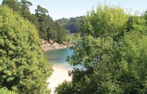 Un paysage côtier caractérisé par une végétation luxuriante et une plage de sable.